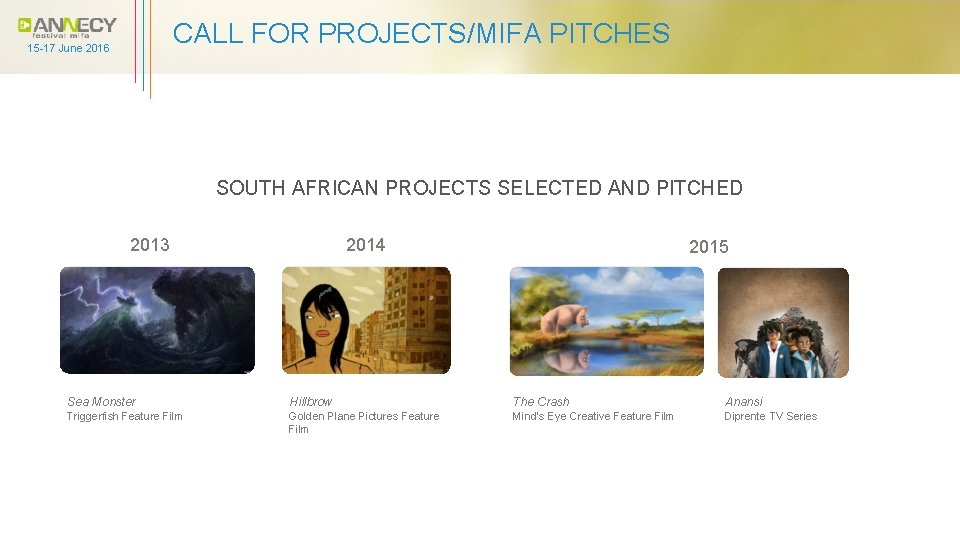 CALL FOR PROJECTS/MIFA PITCHES 15 -17 June 2016 SOUTH AFRICAN PROJECTS SELECTED AND PITCHED