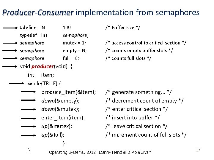 Producer-Consumer implementation from semaphores #define N typedef int semaphore 100 semaphore; semaphore mutex =