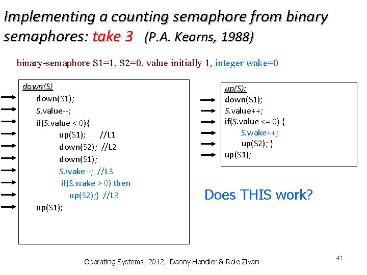 Implementing a counting semaphore from binary semaphores: take 3 (P. A. Kearns, 1988) binary-semaphore