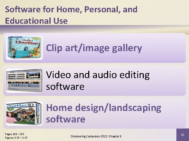 Software for Home, Personal, and Educational Use Clip art/image gallery Video and audio editing