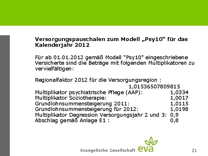 Versorgungspauschalen zum Modell „Psy 10“ für das Kalenderjahr 2012 Für ab 01. 2012 gemäß