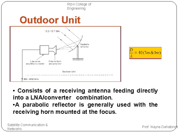 Rizvi College of Engineering Outdoor Unit • Consists of a receiving antenna feeding directly