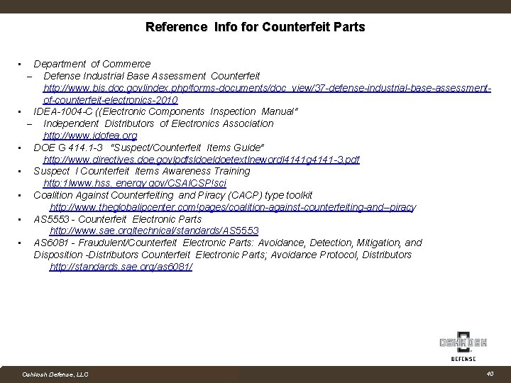 Reference Info for Counterfeit Parts • Department of Commerce ‒ Defense Industrial Base Assessment