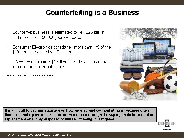 Counterfeiting is a Business • Counterfeit business is estimated to be $225 billion and