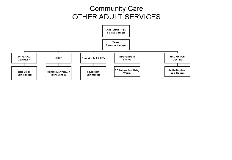 Community Care OTHER ADULT SERVICES Avril Smith Hope Service Manager Vacant Resource Manager PHYSICAL Community Care OTHER ADULT SERVICES Avril Smith Hope Service Manager Vacant Resource Manager PHYSICAL