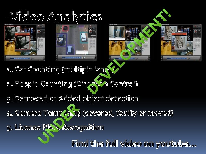 -Video Analytics 1. Car Counting (multiple lanes) 2. People Counting (Direction Control) 3. Removed