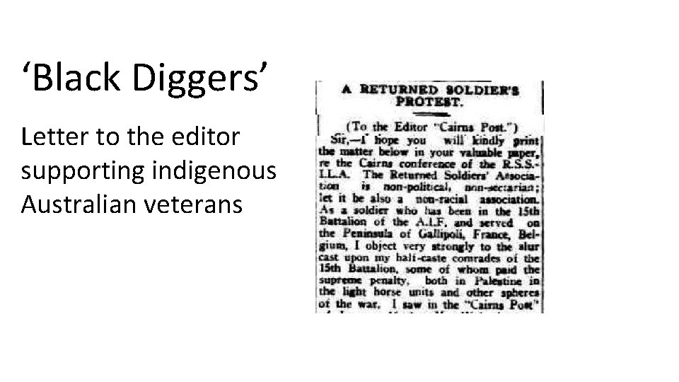 ‘Black Diggers’ Letter to the editor supporting indigenous Australian veterans 