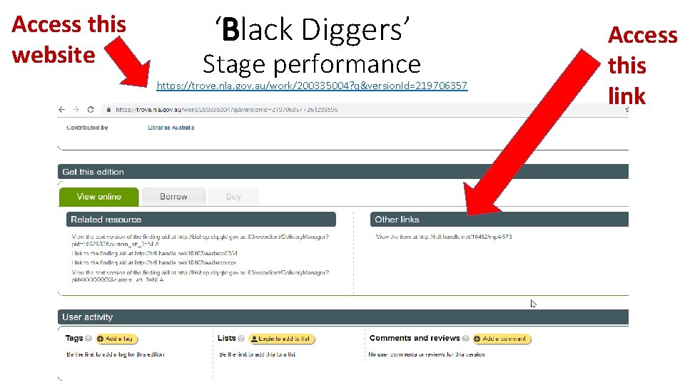 Access this website ‘Black Diggers’ Stage performance https: //trove. nla. gov. au/work/200335004? q&version. Id=219706357