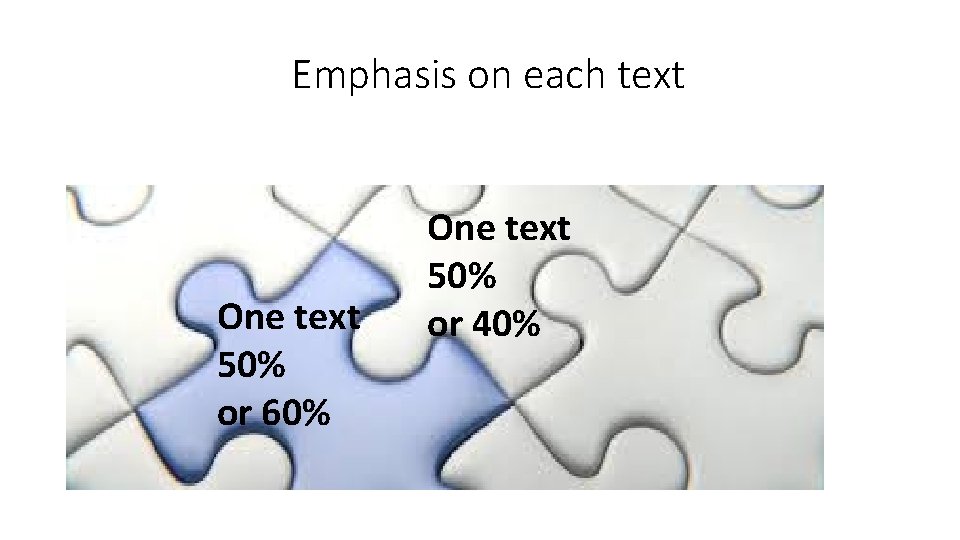 Emphasis on each text One text 50% or 60% One text 50% or 40%