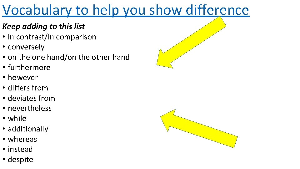Vocabulary to help you show difference Keep adding to this list • in contrast/in