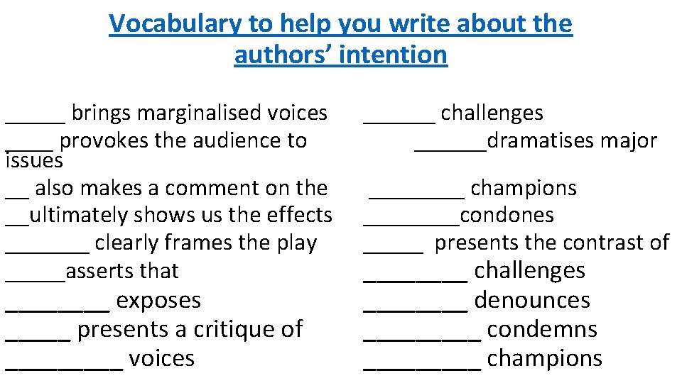 Vocabulary to help you write about the authors’ intention _____ brings marginalised voices ____
