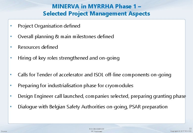 MINERVA in MYRRHA Phase 1 – Selected Project Management Aspects Source: • Project Organisation