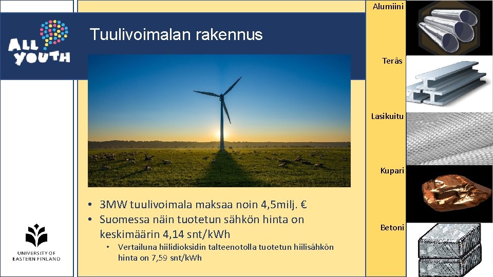 Alumiini Tuulivoimalan rakennus Teräs Lasikuitu Kupari • 3 MW tuulivoimala maksaa noin 4, 5