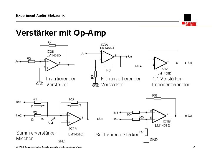 Experiment Audio-Elektronik Verstärker mit Op-Amp Invertierender Verstärker Summierverstärker Mischer © 2008 Schweizerische Gesellschaft für