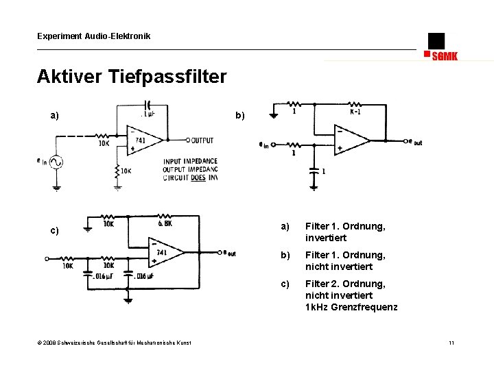 Experiment Audio-Elektronik Aktiver Tiefpassfilter a) c) © 2008 Schweizerische Gesellschaft für Mechatronische Kunst b)