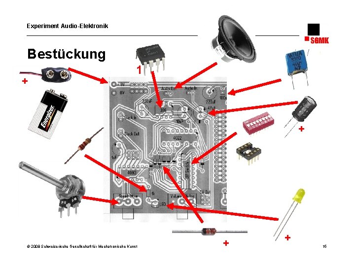 Experiment Audio-Elektronik Bestückung + 1 + © 2008 Schweizerische Gesellschaft für Mechatronische Kunst +