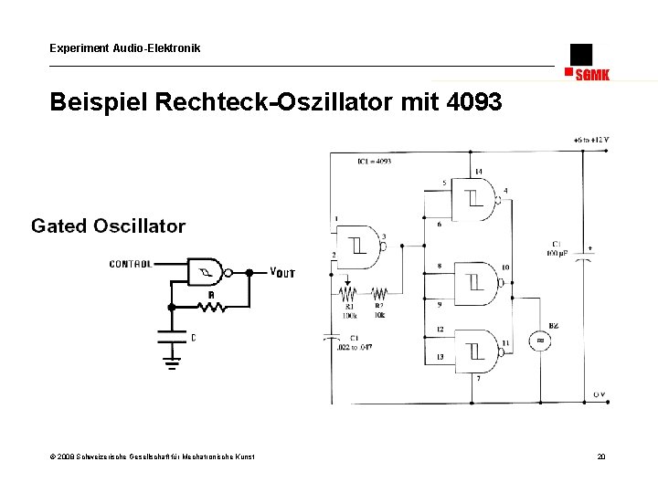 Experiment Audio-Elektronik Beispiel Rechteck-Oszillator mit 4093 © 2008 Schweizerische Gesellschaft für Mechatronische Kunst 20