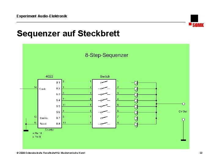 Experiment Audio-Elektronik Sequenzer auf Steckbrett © 2008 Schweizerische Gesellschaft für Mechatronische Kunst 22 