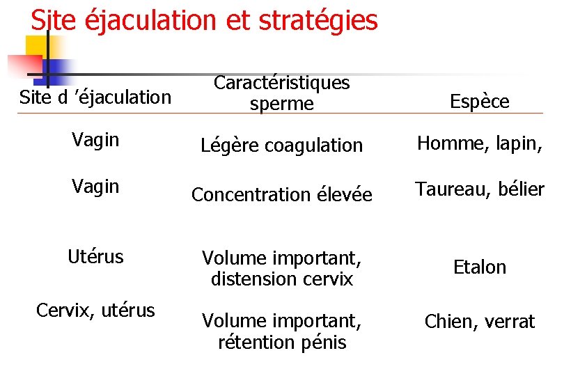 Site éjaculation et stratégies Site d ’éjaculation Caractéristiques sperme Espèce Vagin Légère coagulation Homme,