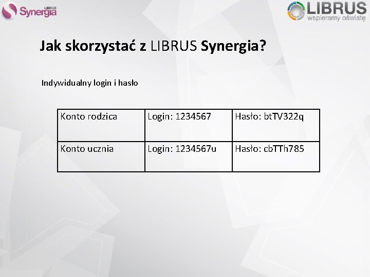 Jak skorzystać z LIBRUS Synergia? Indywidualny login i hasło Konto rodzica Login: 1234567 Hasło: