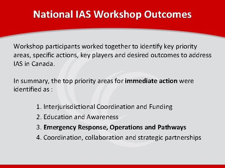 National IAS Workshop Outcomes Workshop participants worked together to identify key priority areas, specific