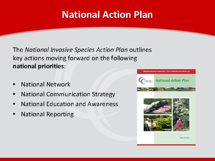 National Action Plan The National Invasive Species Action Plan outlines key actions moving forward