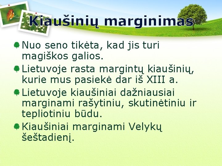 Kiaušinių marginimas Nuo seno tikėta, kad jis turi magiškos galios. Lietuvoje rasta margintų kiaušinių,