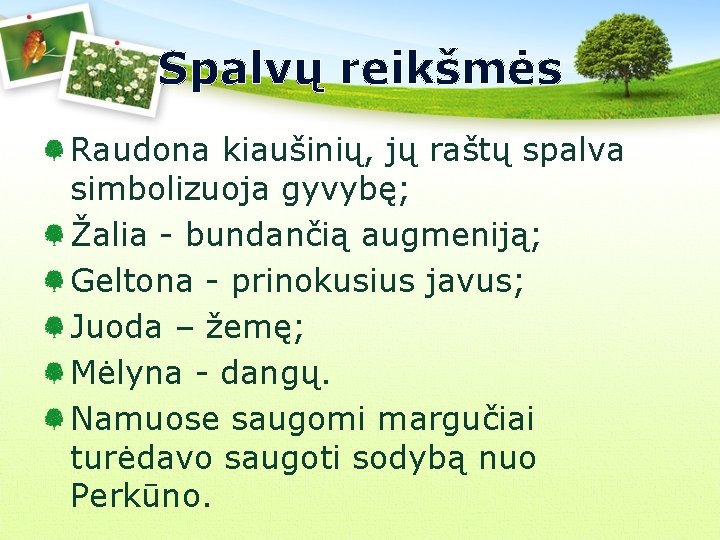 Spalvų reikšmės Raudona kiaušinių, jų raštų spalva simbolizuoja gyvybę; Žalia - bundančią augmeniją; Geltona