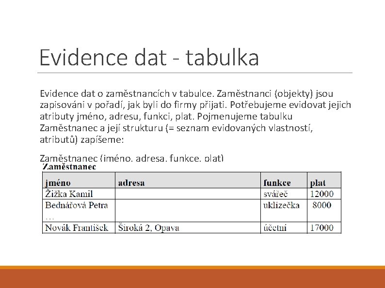 Evidence dat - tabulka Evidence dat o zaměstnancích v tabulce. Zaměstnanci (objekty) jsou zapisováni