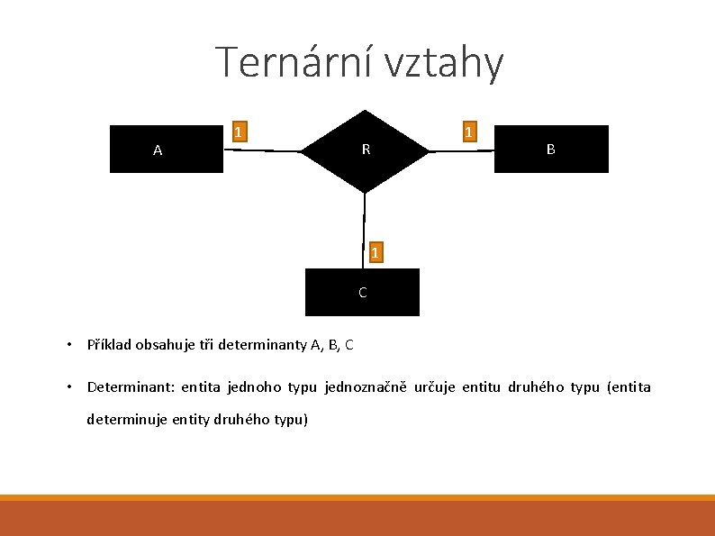 Ternární vztahy A 1 1 R B 1 C • Příklad obsahuje tři determinanty