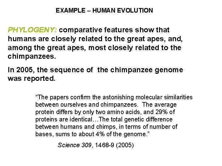 EXAMPLE – HUMAN EVOLUTION PHYLOGENY: comparative features show that humans are closely related to