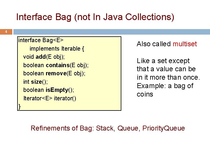 Interface Bag (not In Java Collections) 4 interface Bag<E> implements Iterable { void add(E Interface Bag (not In Java Collections) 4 interface Bag<E> implements Iterable { void add(E