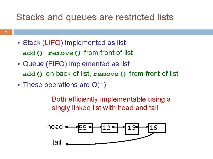 Stacks and queues are restricted lists 5 • Stack (LIFO) implemented as list – Stacks and queues are restricted lists 5 • Stack (LIFO) implemented as list –