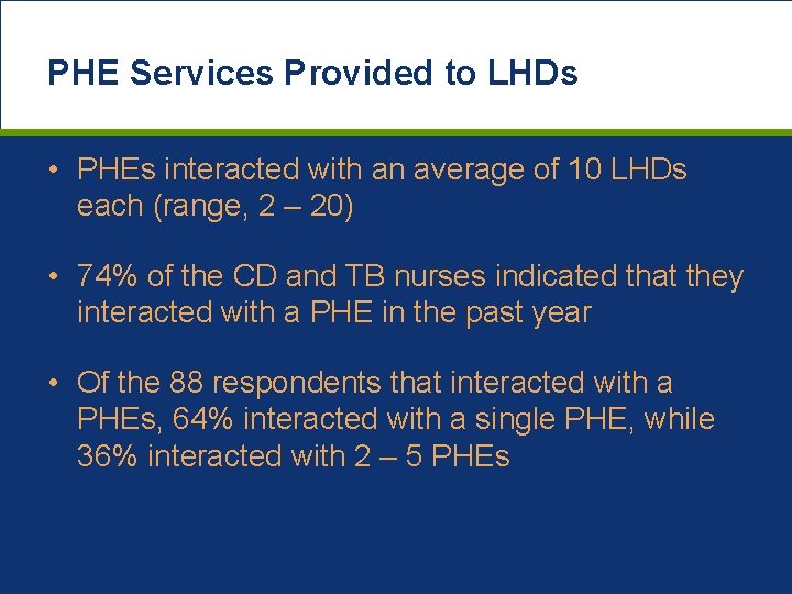 PHE Services Provided to LHDs • PHEs interacted with an average of 10 LHDs