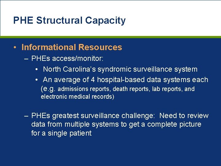 PHE Structural Capacity • Informational Resources – PHEs access/monitor: • North Carolina’s syndromic surveillance