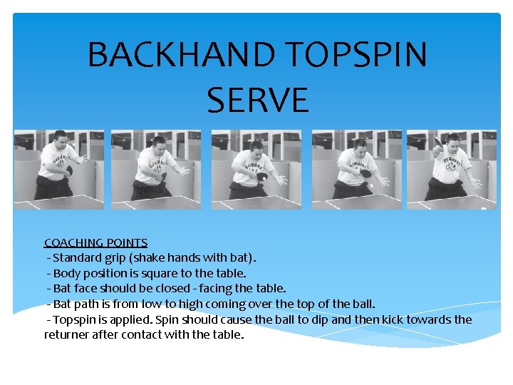 BACKHAND TOPSPIN SERVE COACHING POINTS - Standard grip (shake hands with bat). - Body