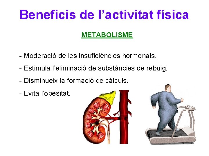Beneficis de l’activitat física METABOLISME - Moderació de les insuficiències hormonals. - Estimula l’eliminació
