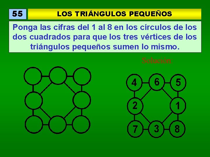 55 LOS TRIÁNGULOS PEQUEÑOS Ponga las cifras del 1 al 8 en los círculos