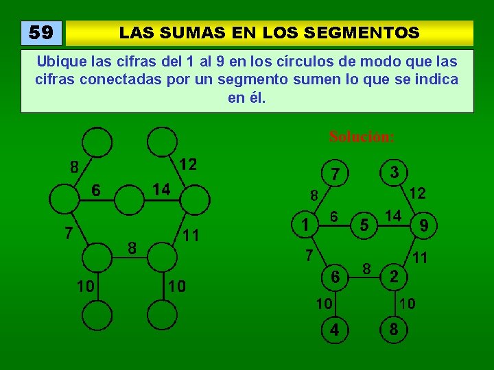 59 LAS SUMAS EN LOS SEGMENTOS Ubique las cifras del 1 al 9 en