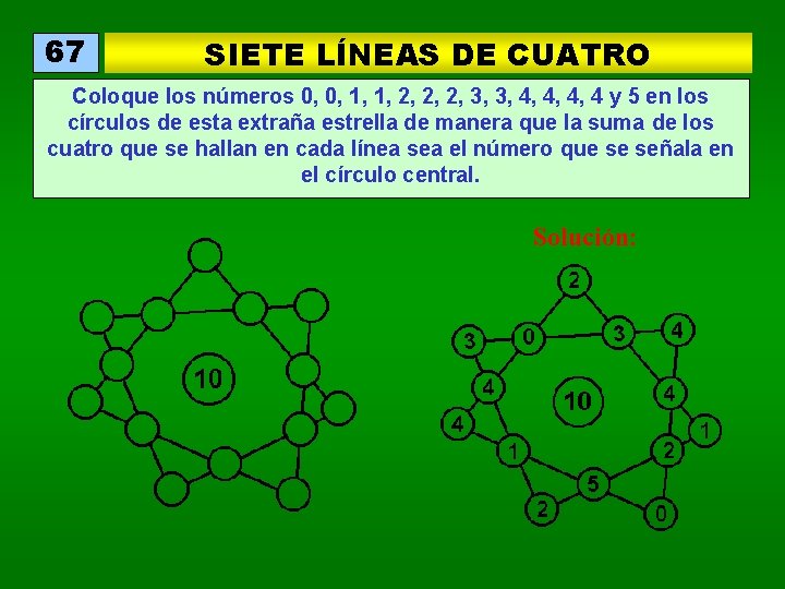 67 SIETE LÍNEAS DE CUATRO Coloque los números 0, 0, 1, 1, 2, 2,