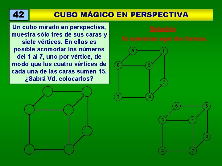 42 CUBO MÁGICO EN PERSPECTIVA Un cubo mirado en perspectiva, muestra sólo tres de