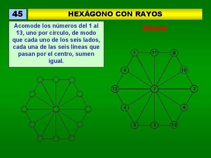 45 HEXÁGONO CON RAYOS Acomode los números del 1 al 13, uno por círculo,