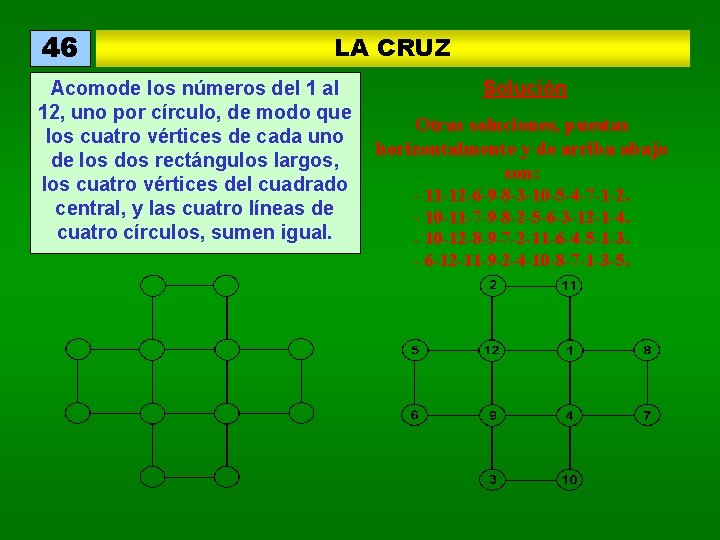 46 LA CRUZ Acomode los números del 1 al 12, uno por círculo, de