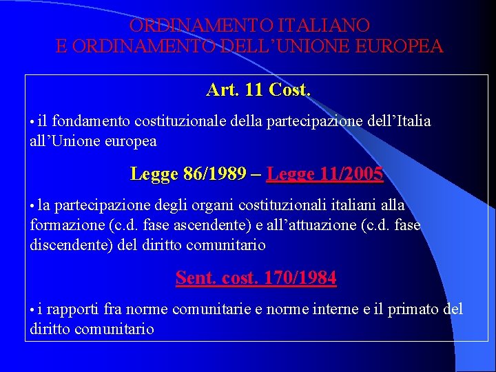 ORDINAMENTO ITALIANO E ORDINAMENTO DELL’UNIONE EUROPEA Art. 11 Cost. • il fondamento costituzionale della