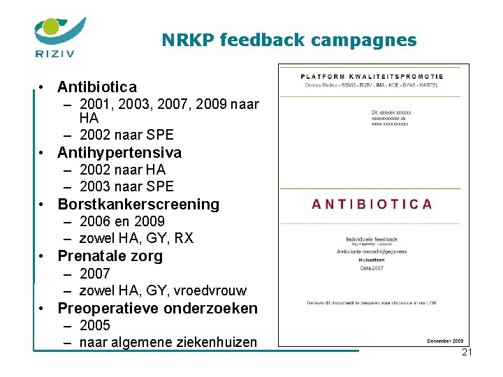 NRKP feedback campagnes • Antibiotica – 2001, 2003, 2007, 2009 naar HA – 2002