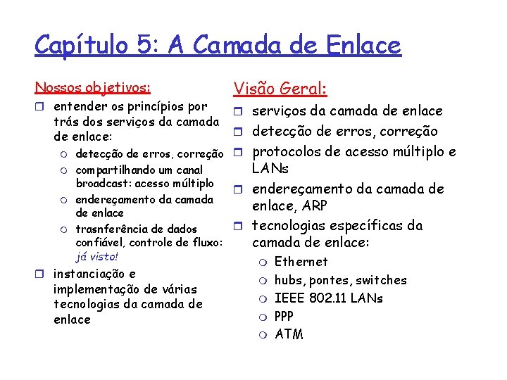 Capítulo 5: A Camada de Enlace Nossos objetivos: r entender os princípios por trás