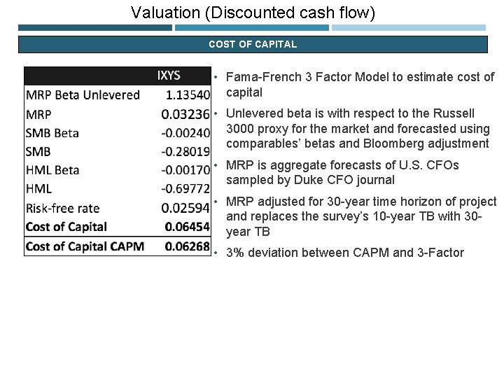 Valuation (Discounted cash flow) COST OF CAPITAL • Fama-French 3 Factor Model to estimate