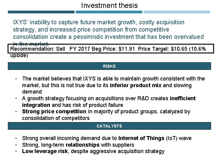 Investment thesis IXYS’ inability to capture future market growth, costly acquisition strategy, and increased