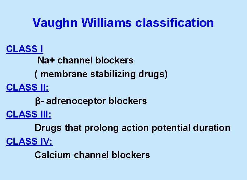 Vaughn Williams classification CLASS I Na+ channel blockers ( membrane stabilizing drugs) CLASS II: