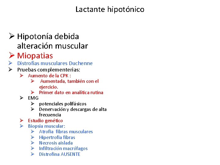 Lactante hipotónico Ø Hipotonía debida alteración muscular Ø Miopatias Ø Distrofias musculares Duchenne Ø